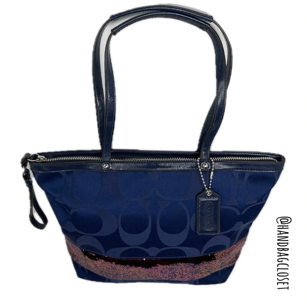 Coach F17574 Signature Tote Handbag Satin Sequins Medium Blue Bag